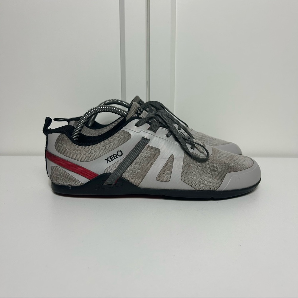 Xero Men's Minimalist Athletic Shoes in Gray with Red Accent